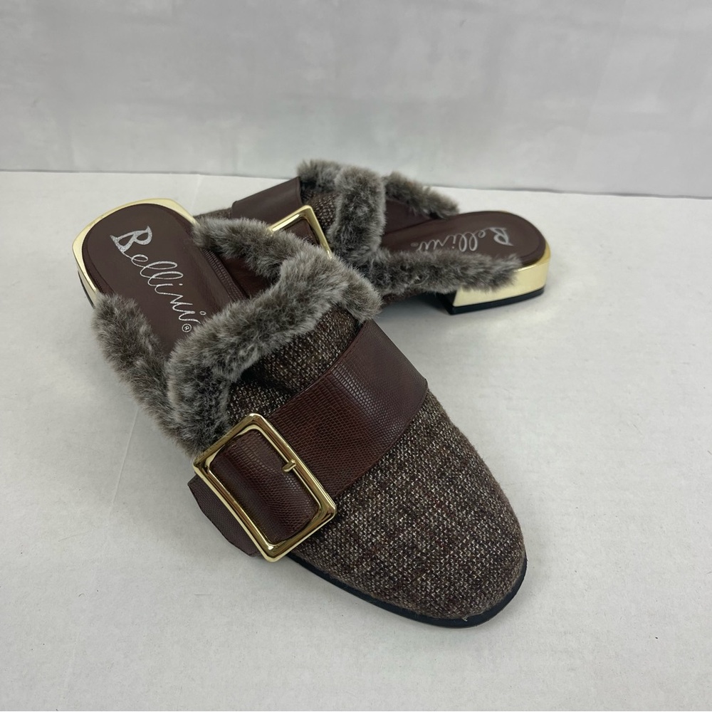 Bellini Bylar Slip On Mule Brown Tweed Gold Heel Shoe Size 7